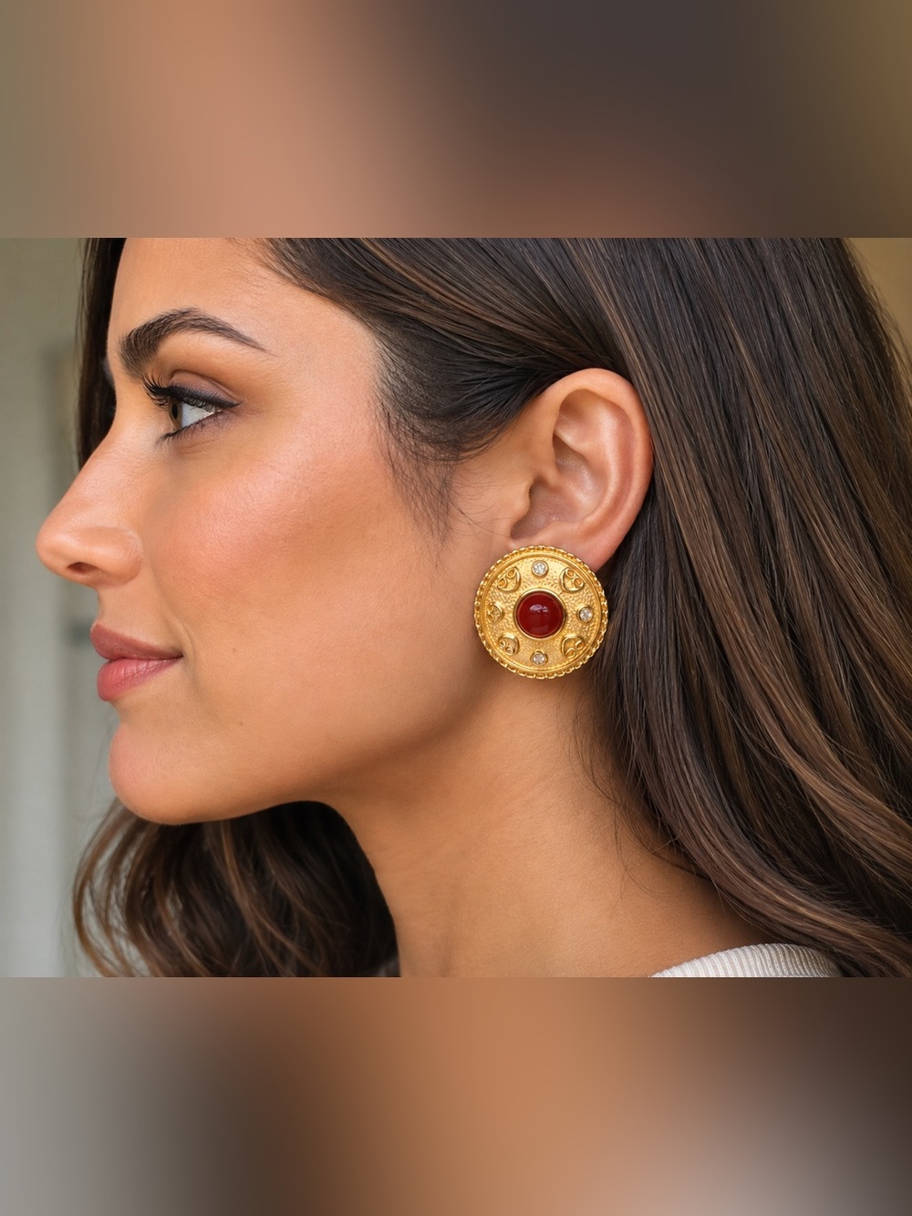 NWT Byzantine Vendome Gold Tone Carnelian Cabochon Rhinestone Pierced Earrings